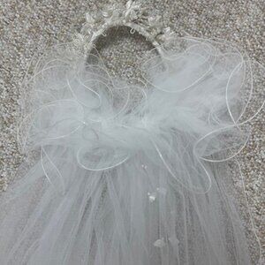 Vintage Bridal Veil Halo with Beading and Flowers Long Length